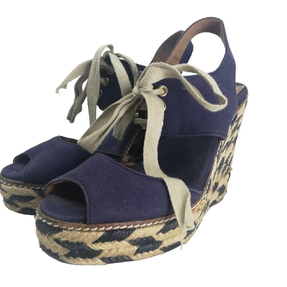 Women’s Navy Canvas Espadrille Wedge Sandals with Lace-Up Tie